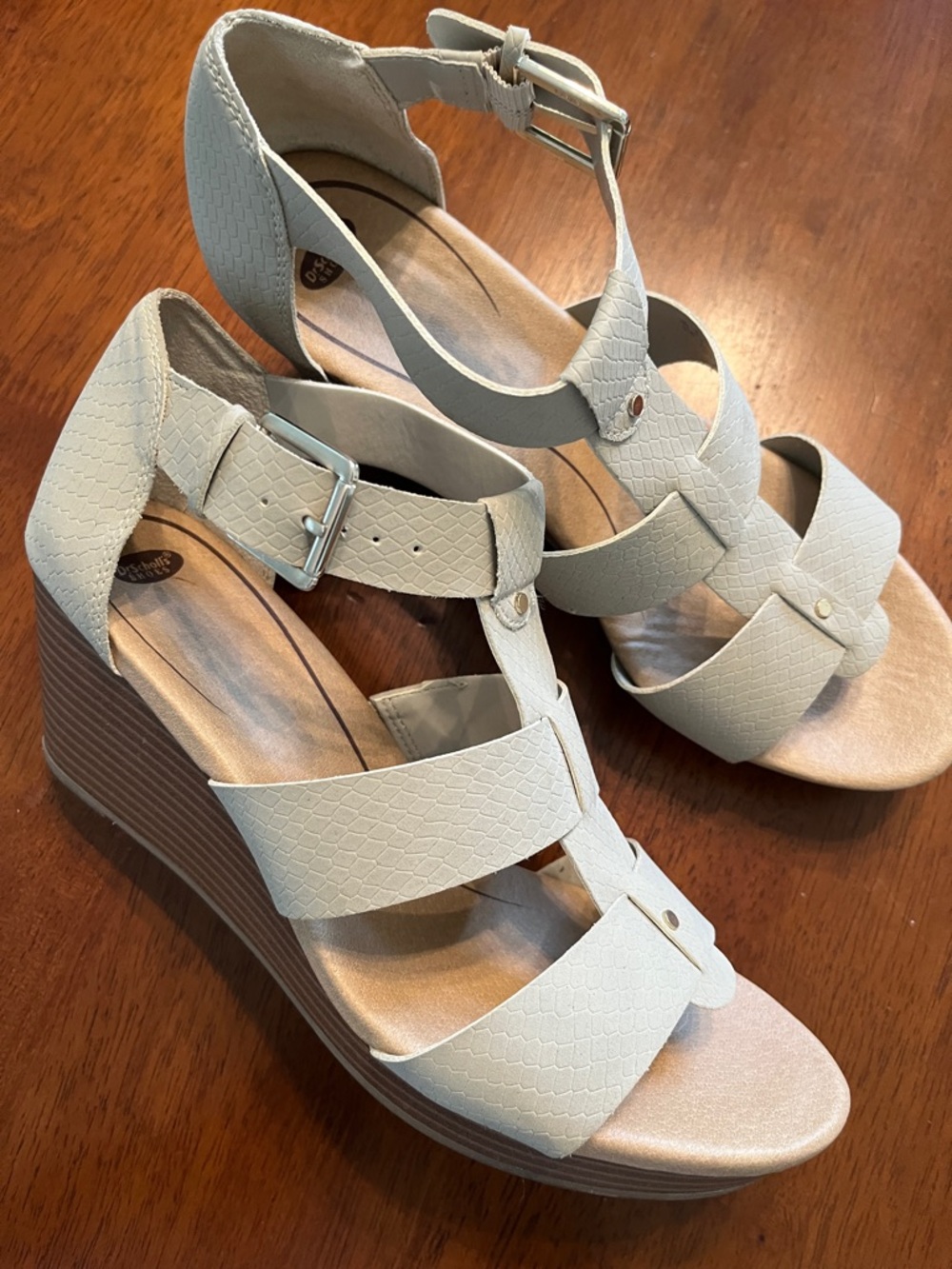 Dr. Scholl's Cream Textured Wedge Sandals with Ankle Buckle